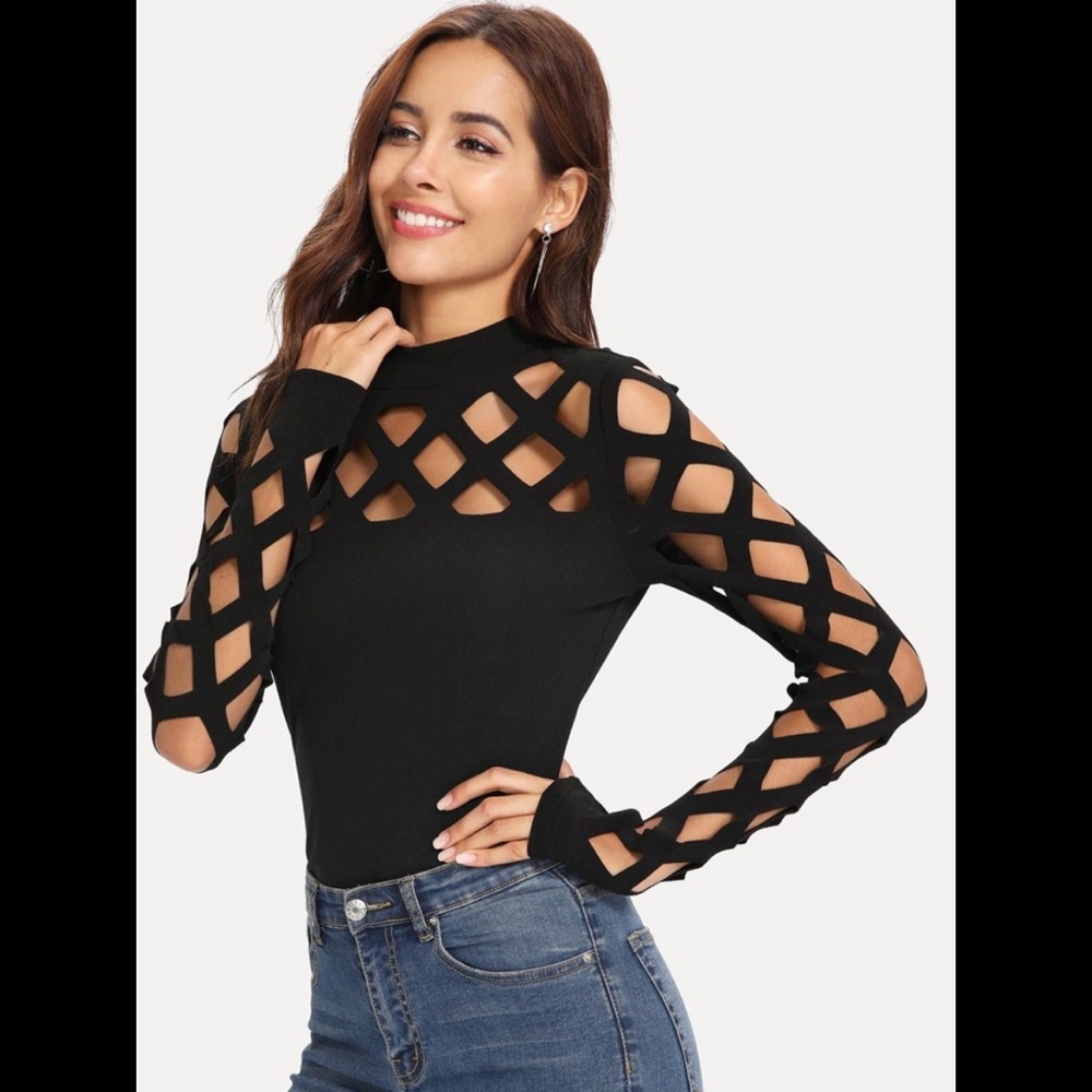 Black Lattice Sleeve Top